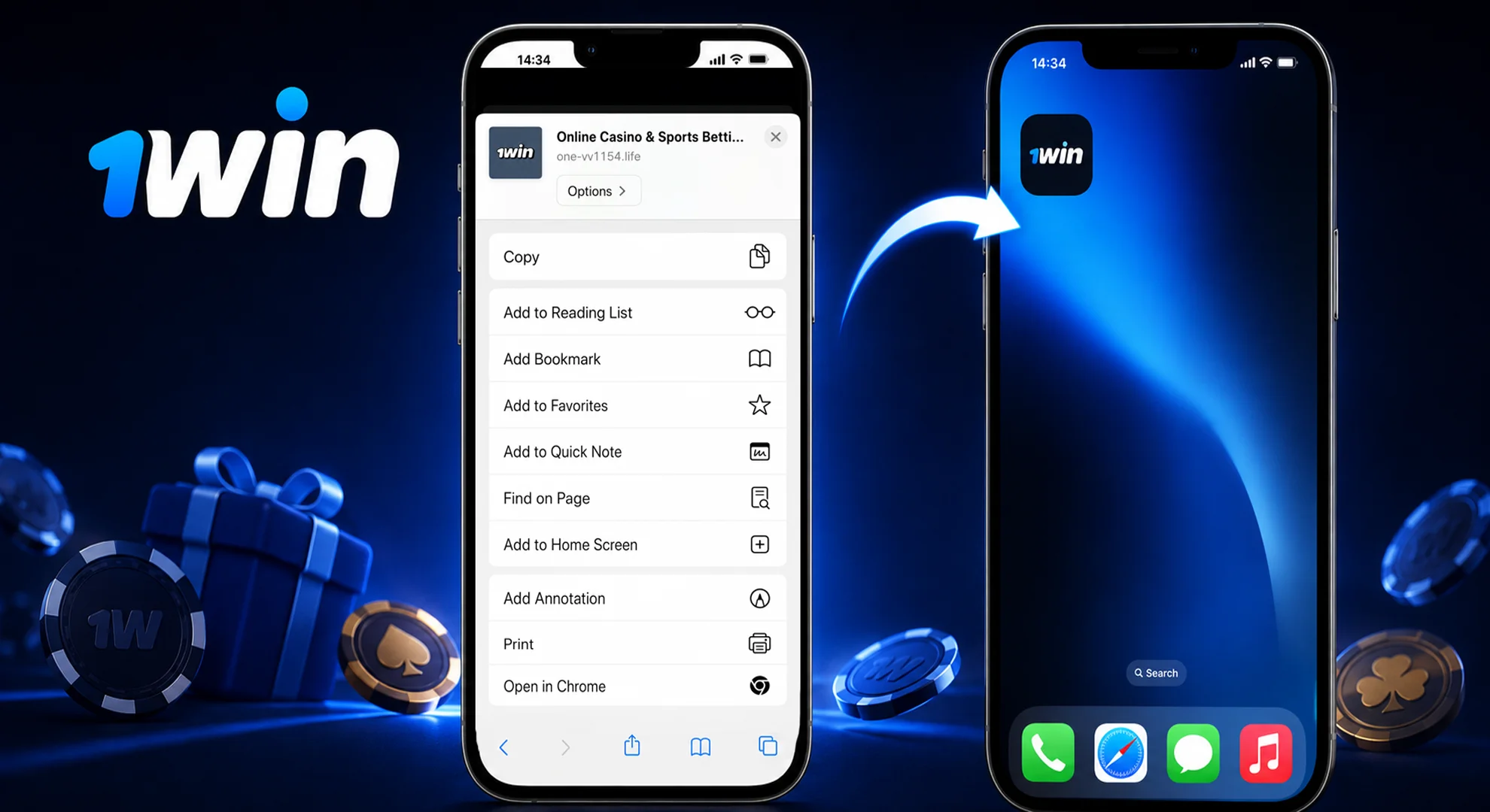 add 1win to home screen iOS