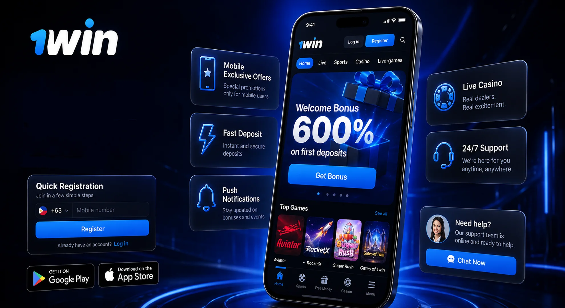 1win app bonus 600 Philippines